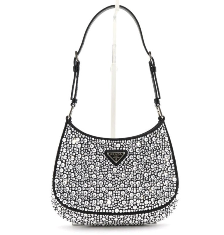 Prada Satin Crystal Cleo Shoulder Bag, Black With Silver Hardware, Excellent Condition in Box GA001P