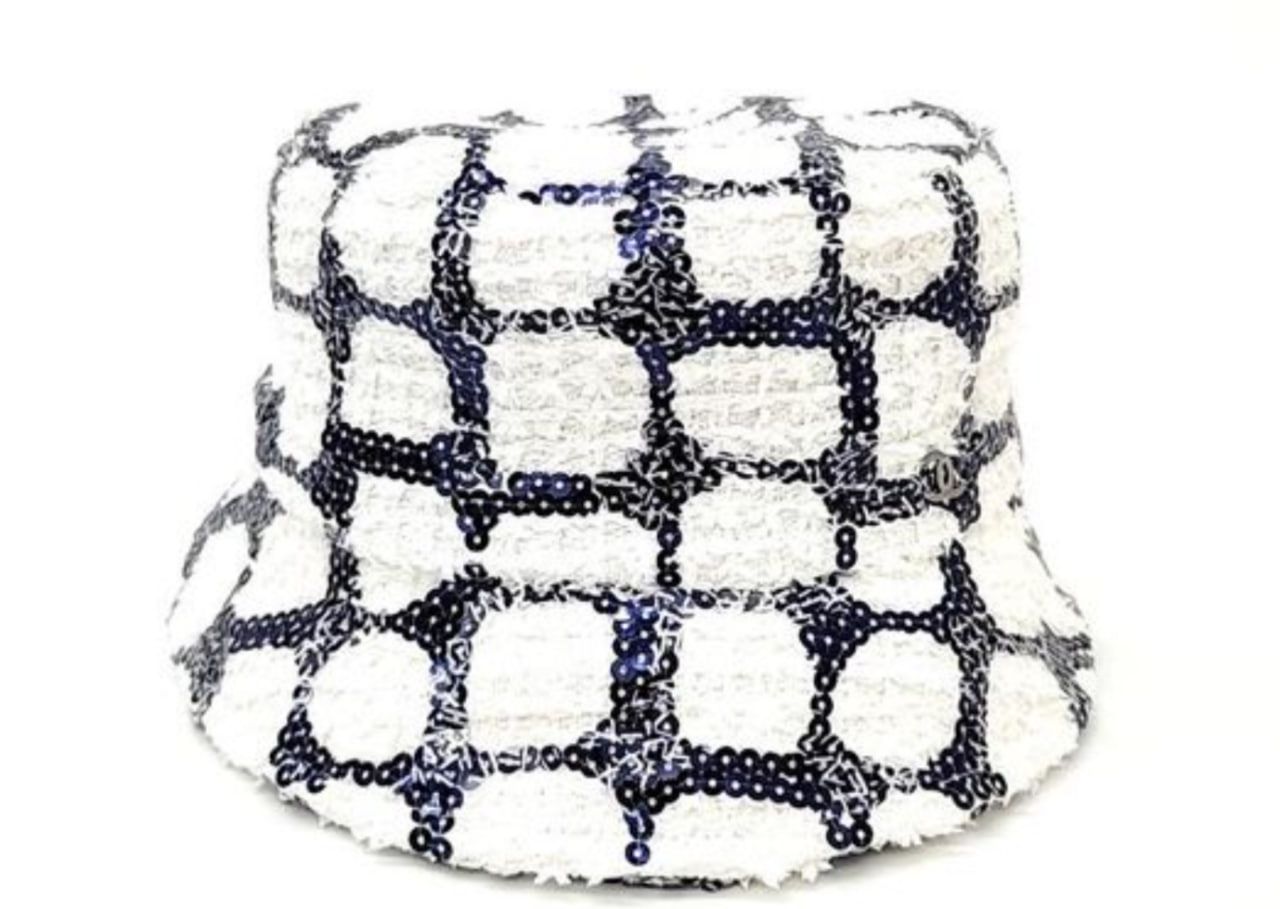 Chanel Bucket Hat, White and Navy Sequin/Tweed, Size M, Like New in Dustbag GA001P
