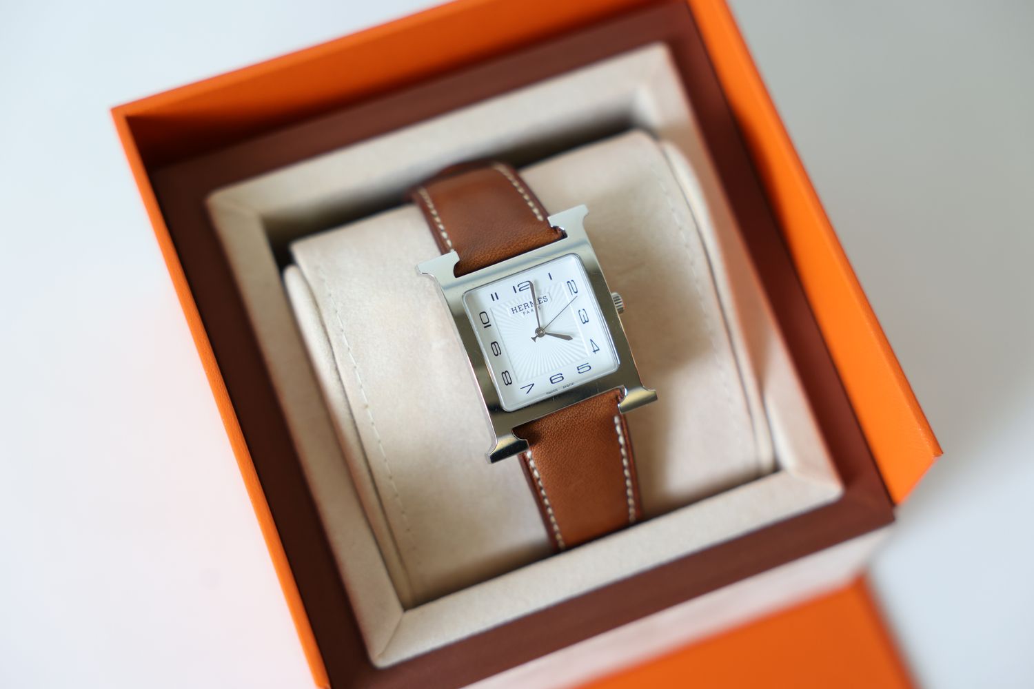 Hermes Heure H Watch Large Model 34 mm, Tan Natural Barenia Calfskin with Steel Hardware, Preowned in Box WA001