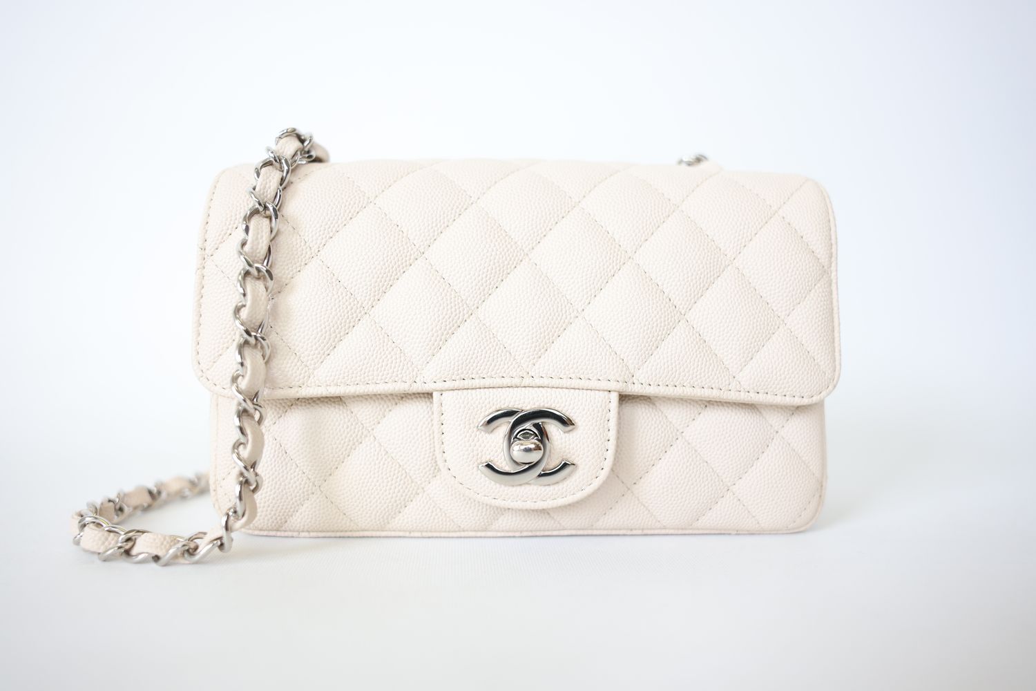 Chanel Classic Mini Rectangular, White Ivory Matte Caviar with Silver Hardware, Preowned in Box WA001