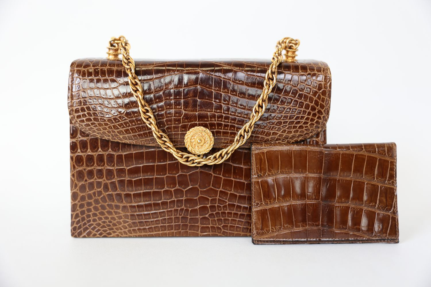 Gucci Flap Bag and Wallet Set, Brown Alligator Skin with Gold Hardware, Preowned No Dustbag WA001
