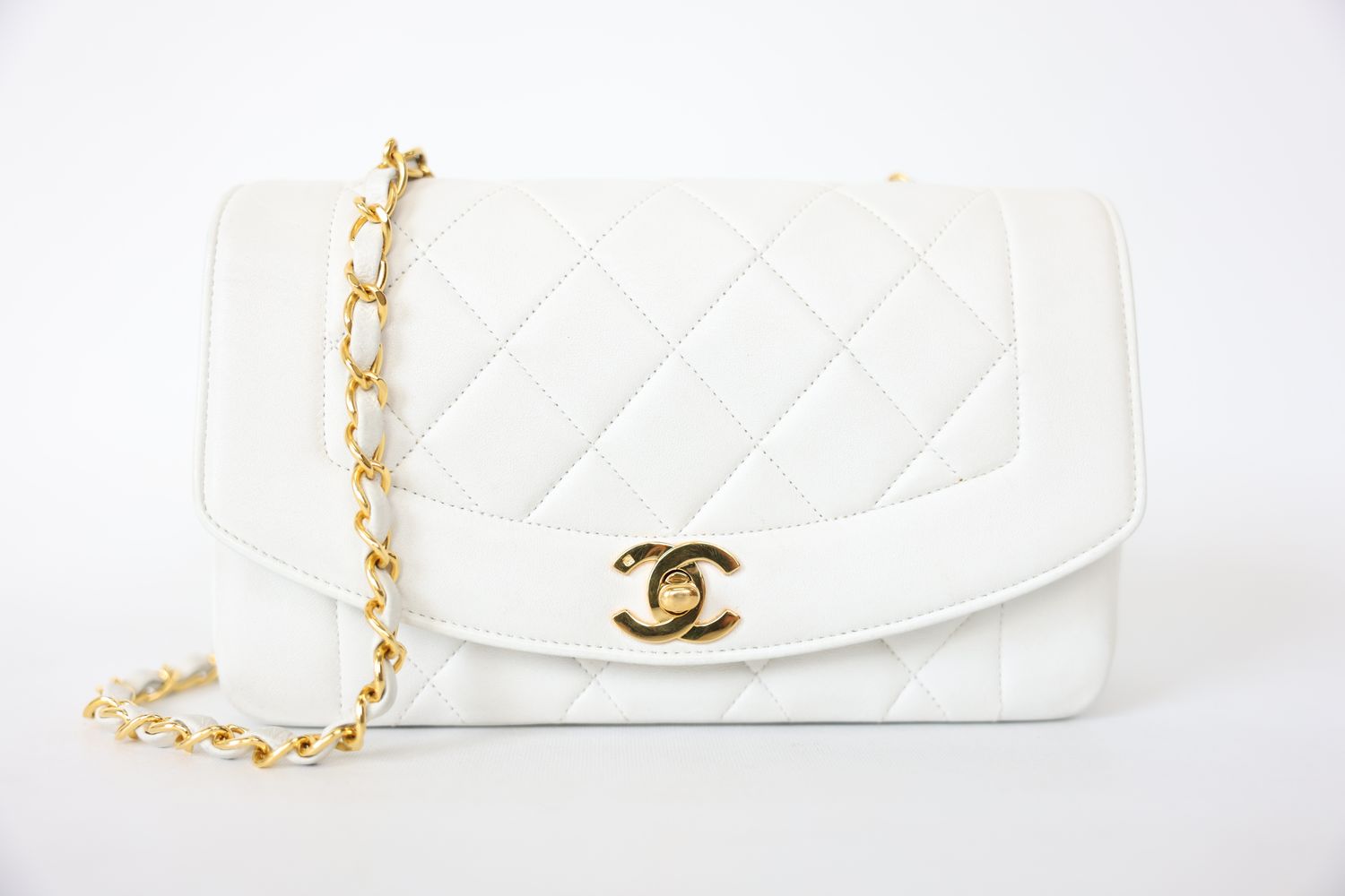 Chanel Diana Bag Small, White Lambskin with Gold Hardware, Preowned in Box WA001
