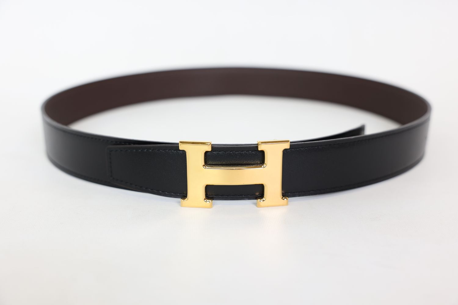 Hermes Constance Belt Size 90, Black and Dark Brown Noir et Ebene Reversible Box 135 Calfskin with Permabrass Hardware, Preowned in Box WA001