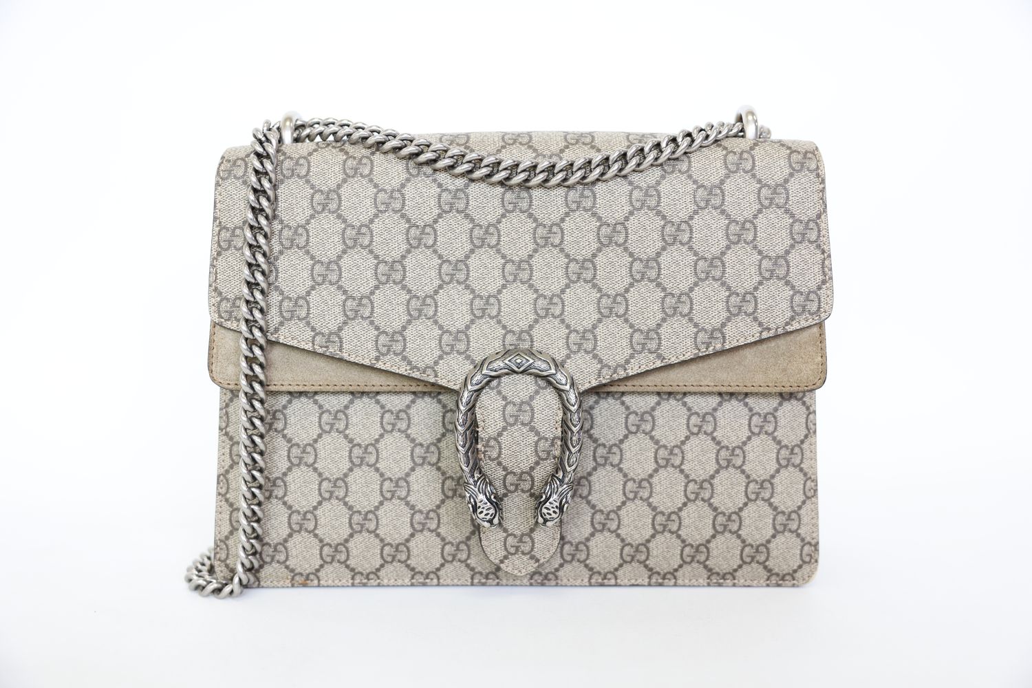 Gucci Dionysus Shoulder Bag Medium, Beige Ebony GG Supreme Canvas and Taupe Suede Trim with Antique Silver Hardware, Preowned No Dustbag WA001