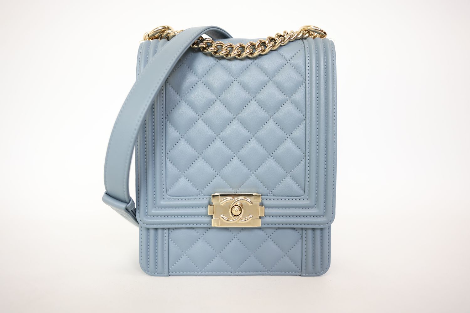 Chanel North South Boy Bag, Light Blue Calfskin with Gold Hardware, Preowned in Box WA001