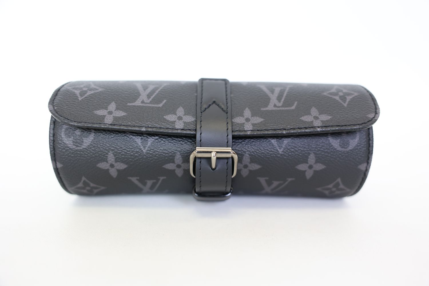 Louis Vuitton 3 Watch Case, Black and Grey Monogram Eclipse Coated Canvas and Cowhide Leather Trim with Silver Hardware, New No Dustbag WA001