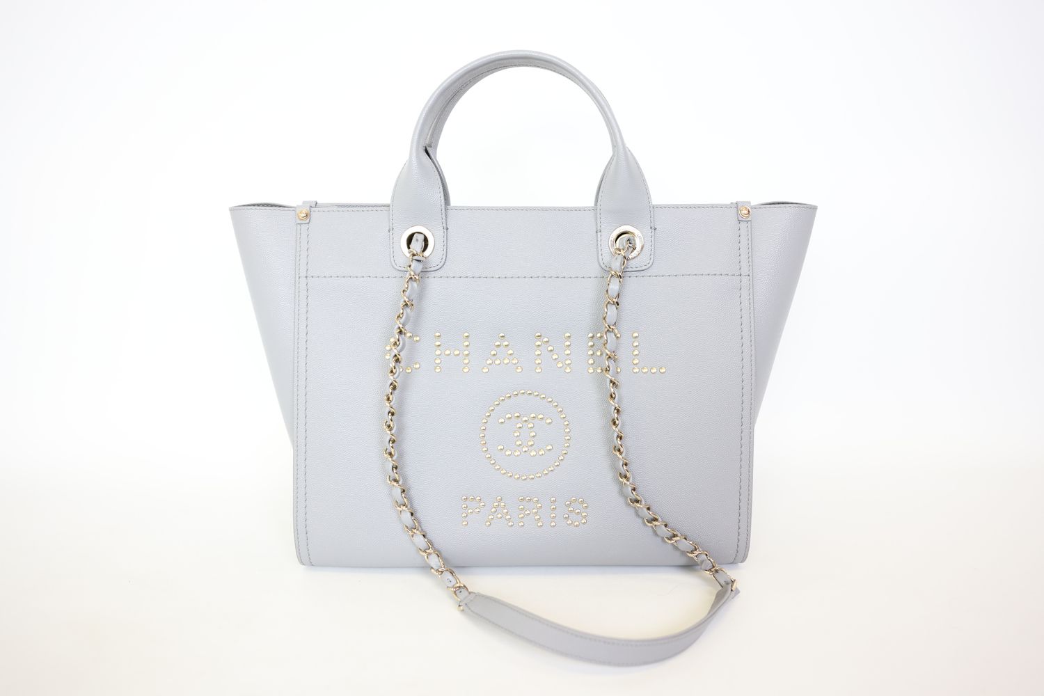Chanel Studded Leather Deauville Tote Bag Small, Grey Caviar with Gold Hardware, Preowned in Dustbag WA001