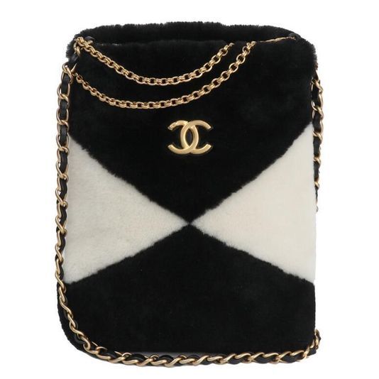 Chanel Shearling Mini Crossbody Bag, Black Lambskin and Black and White Shearling with Brushed Gold Hardware, Like New in Box GA001P