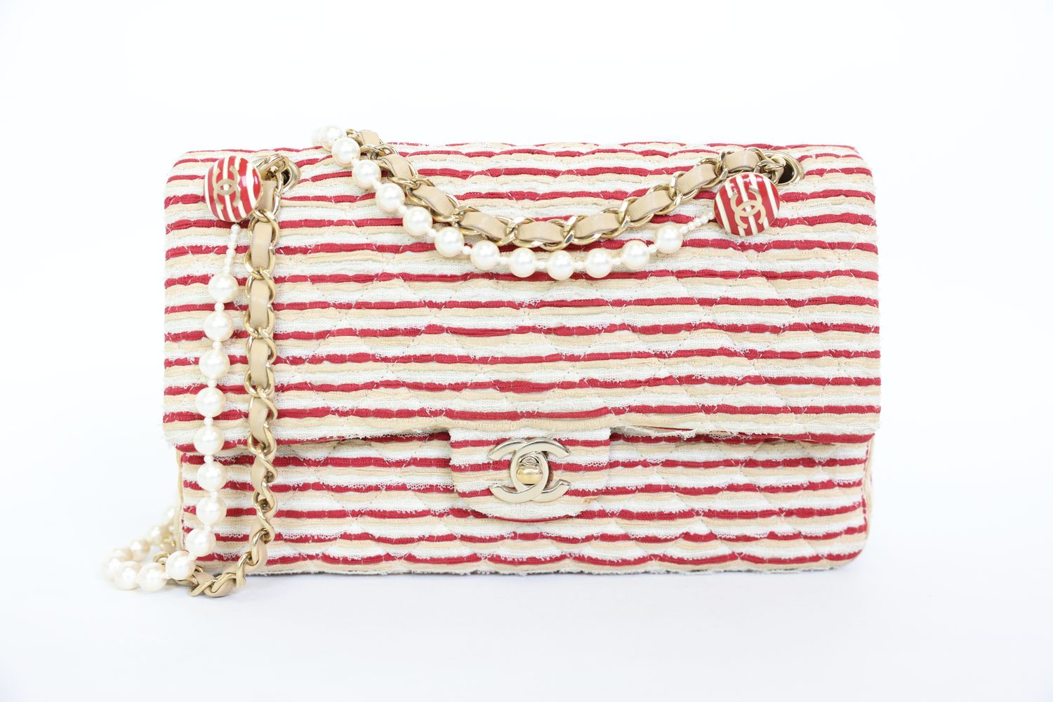 Chanel Coco Sailor Medium, White, Beige and Red Striped Jersey with Gold Hardware, Preowned in Box WA001