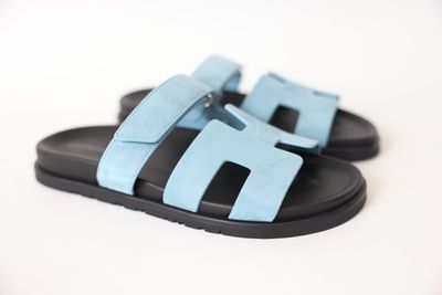 Hermes Chypre Sandals Size 39, Blue Bleu Mineral Suede Goatskin with Palladium Hardware, New in Box WA001