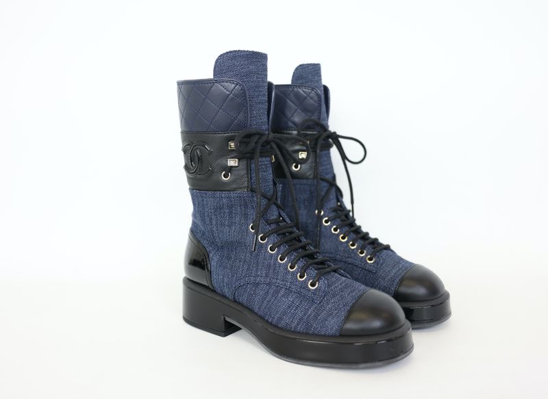 Chanel Combat Hiking Boots Size 37, Blue Denim, Black Patent Lambskin and Quilted Calfskin, Preowned in Box WA001