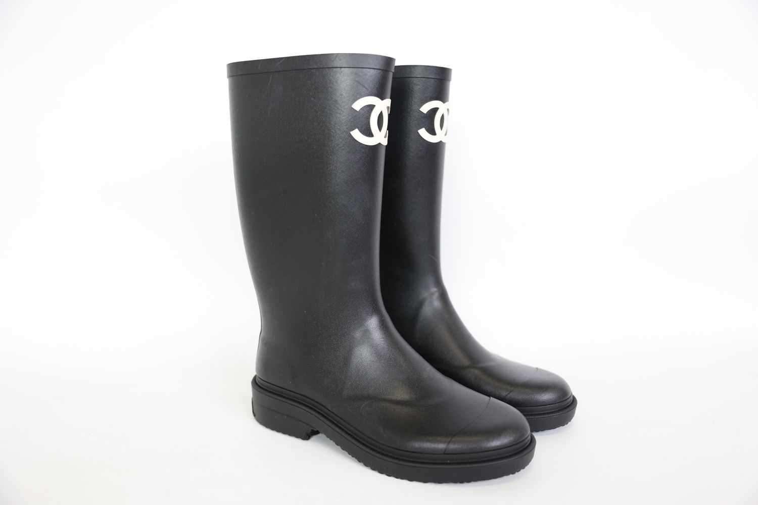 Chanel Shoes, Knee High Rain Boots Size 38, Black Natural Rubber, New in Box WA001
