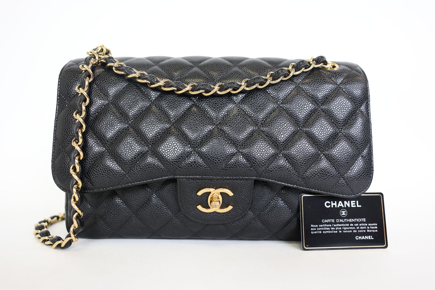 Chanel Classic Double Flap Jumbo, Black Caviar with Gold Hardware, Preowned in Dustbag WA001