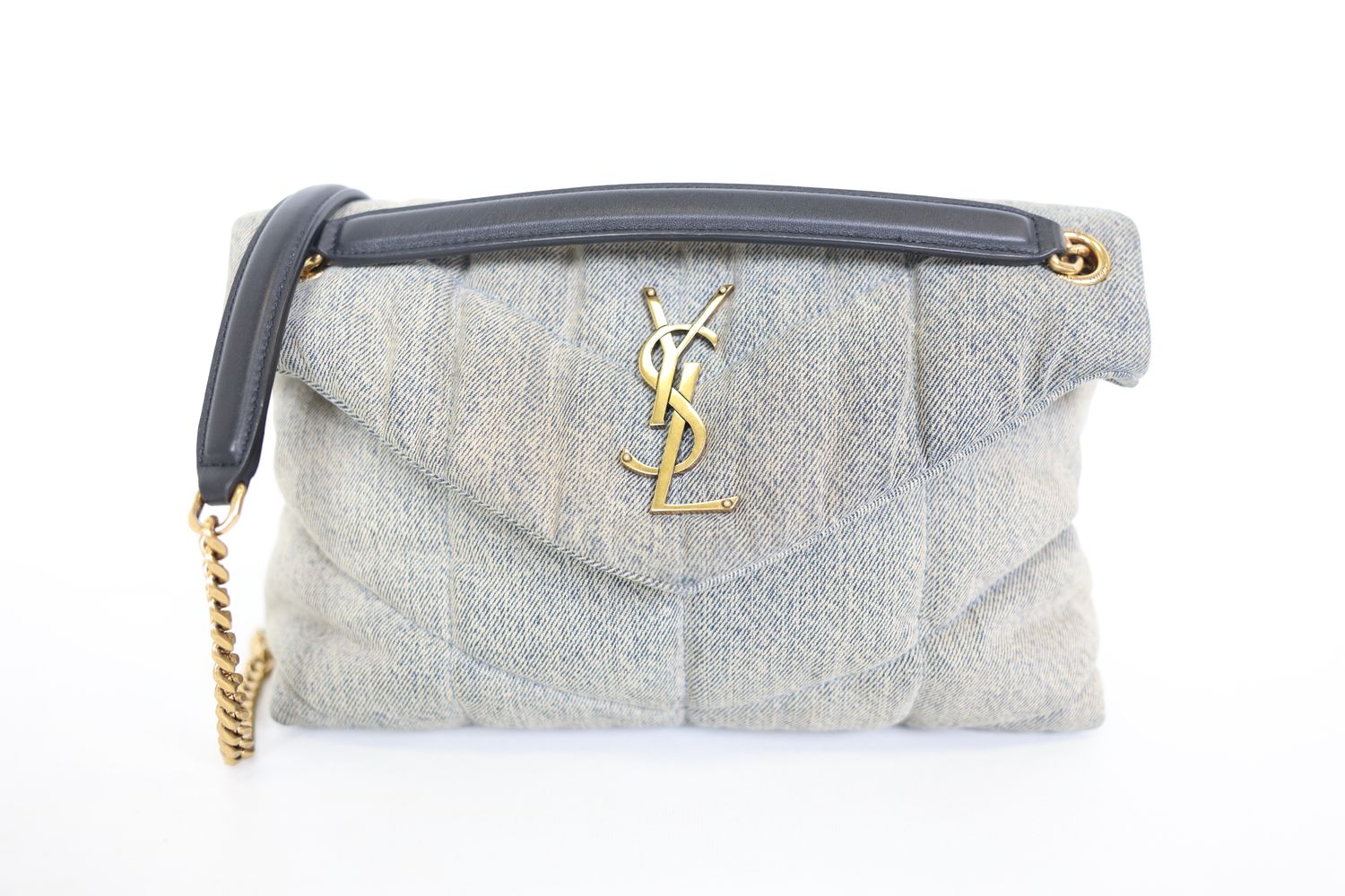 Saint Laurent Loulou Puffer Bag Medium , Blue Gray Chevron Denim and Blue Calfskin with Gold Hardware, Preowned in Dustbag WA001