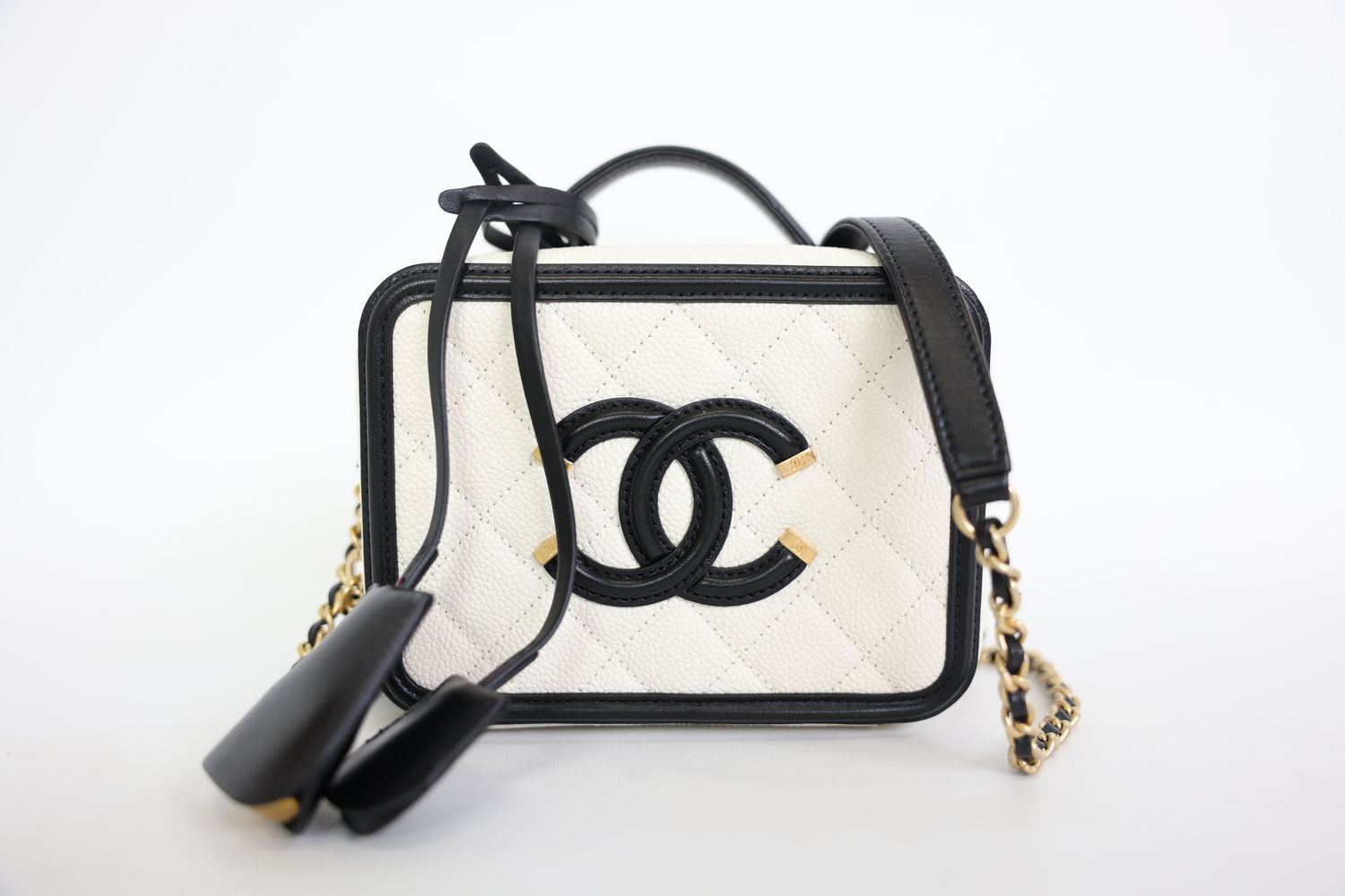 Chanel CC Filigree Vanity Case Bag Small, 17P Black Lambskin and White Caviar with Gold Hardware, Preowned in Box WA001