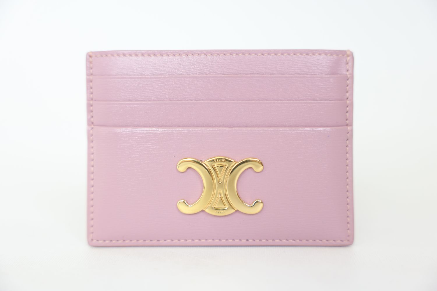 Celine Triomphe Card Holder, Petal Pink Calfskin with Gold Hardware, Preowned in Box WA001