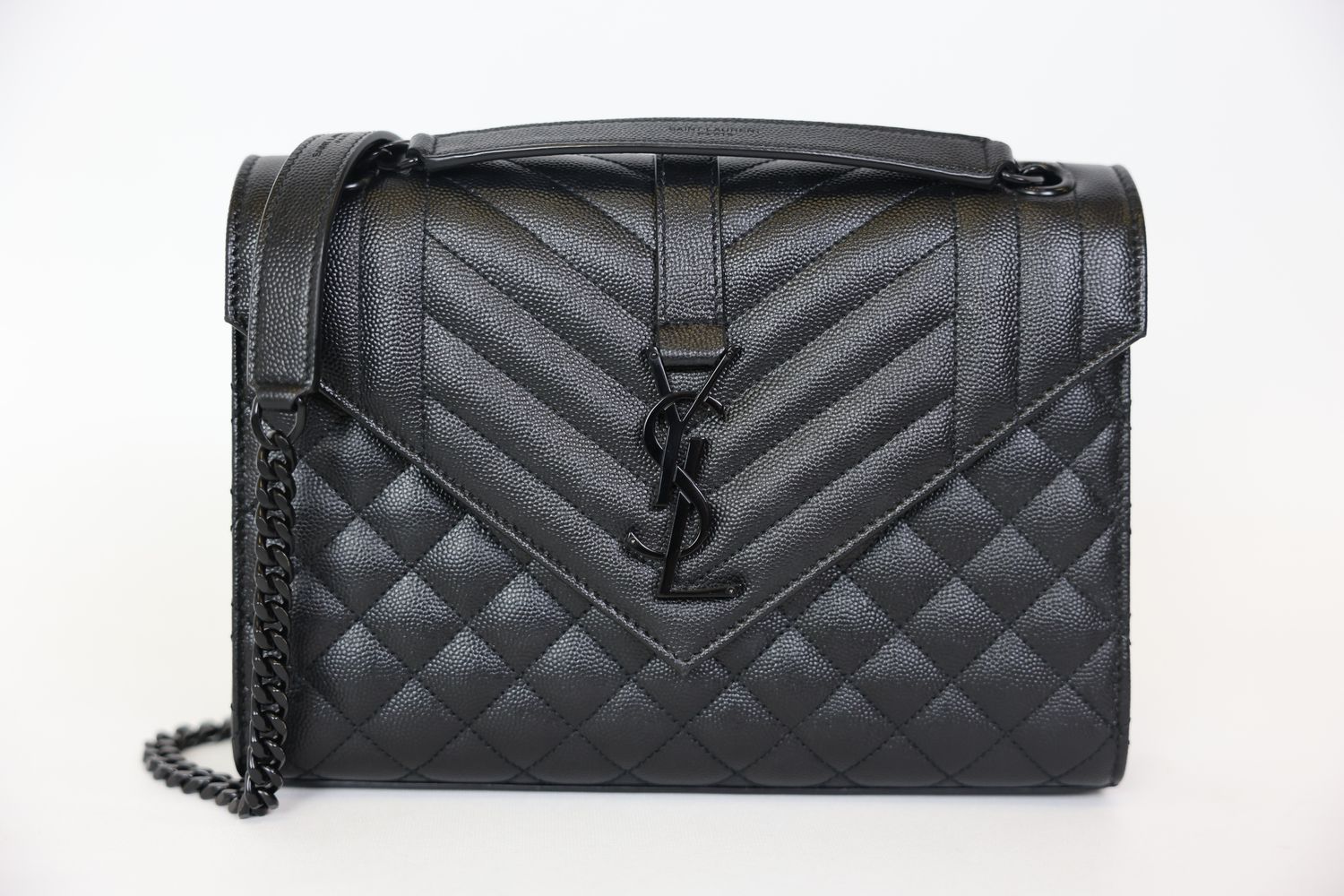 Saint Laurent Envelope Bag Medium, Black Noir Mix Matelasse Grain De Poudre Embossed Leather with Black Hardware, Preowned in Box WA001