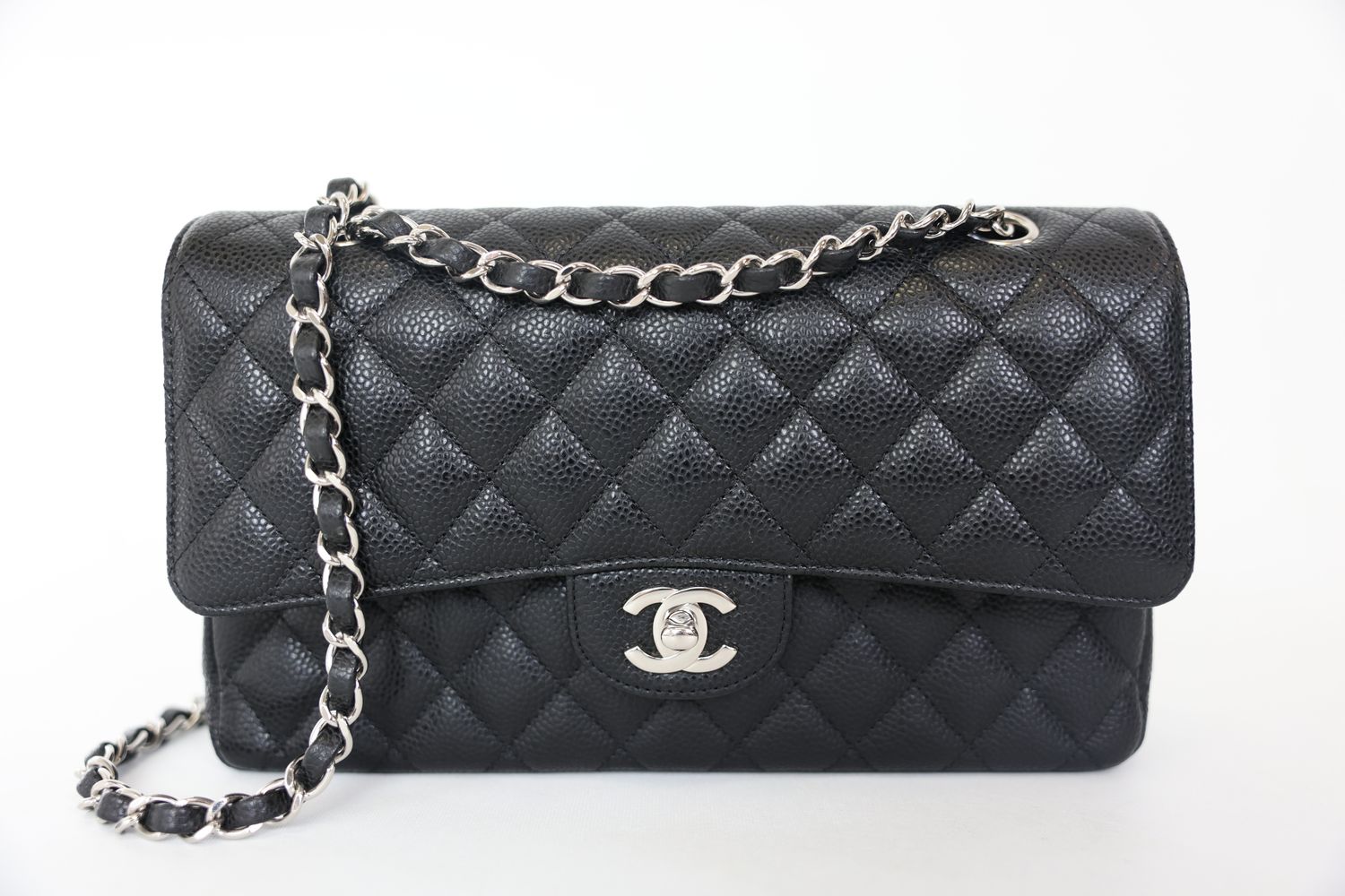 Chanel Classic Double Flap Medium, Black Caviar with Silver Hardware, Preowned in Box WA001
