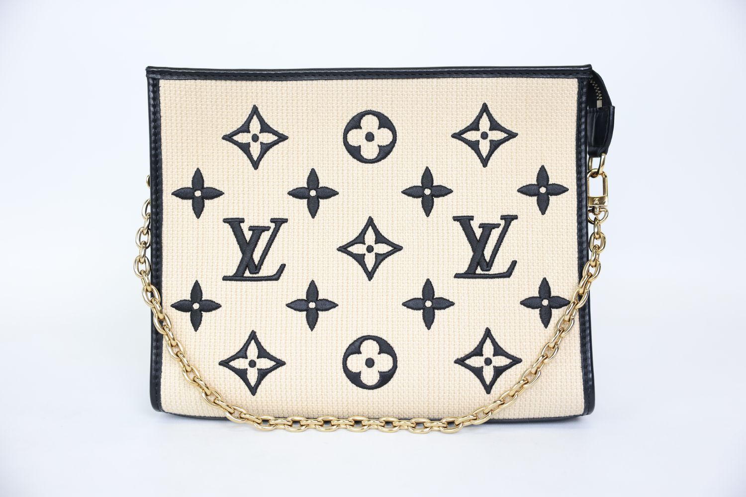 Louis Vuitton Monogram Toiletry Pouch on Chain, Beige Raffia and Black Leather with Gold Hardware, Preowned in Box WA001