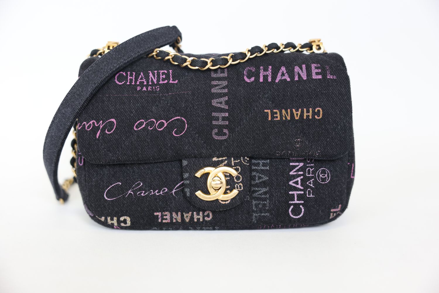 Chanel Mood Script Small, Black Denim with Gold Hardware, New in Box WA001