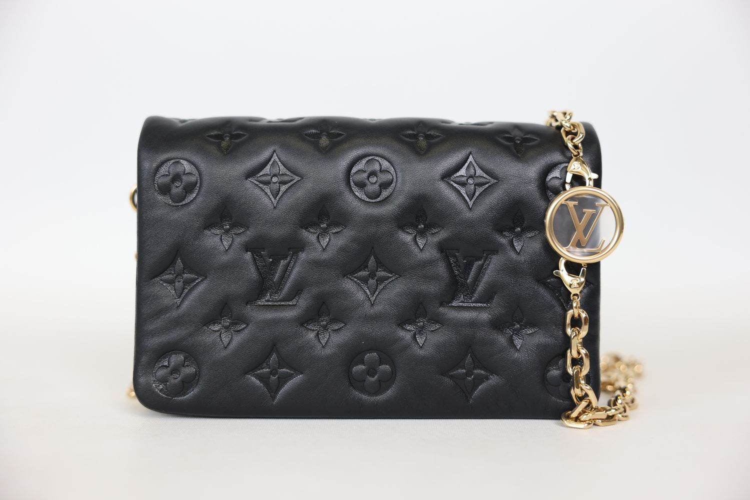 Louis Vuitton Pochette Coussin Bag, Black Monogram-Embossed Leather, Preowned in Box WA001