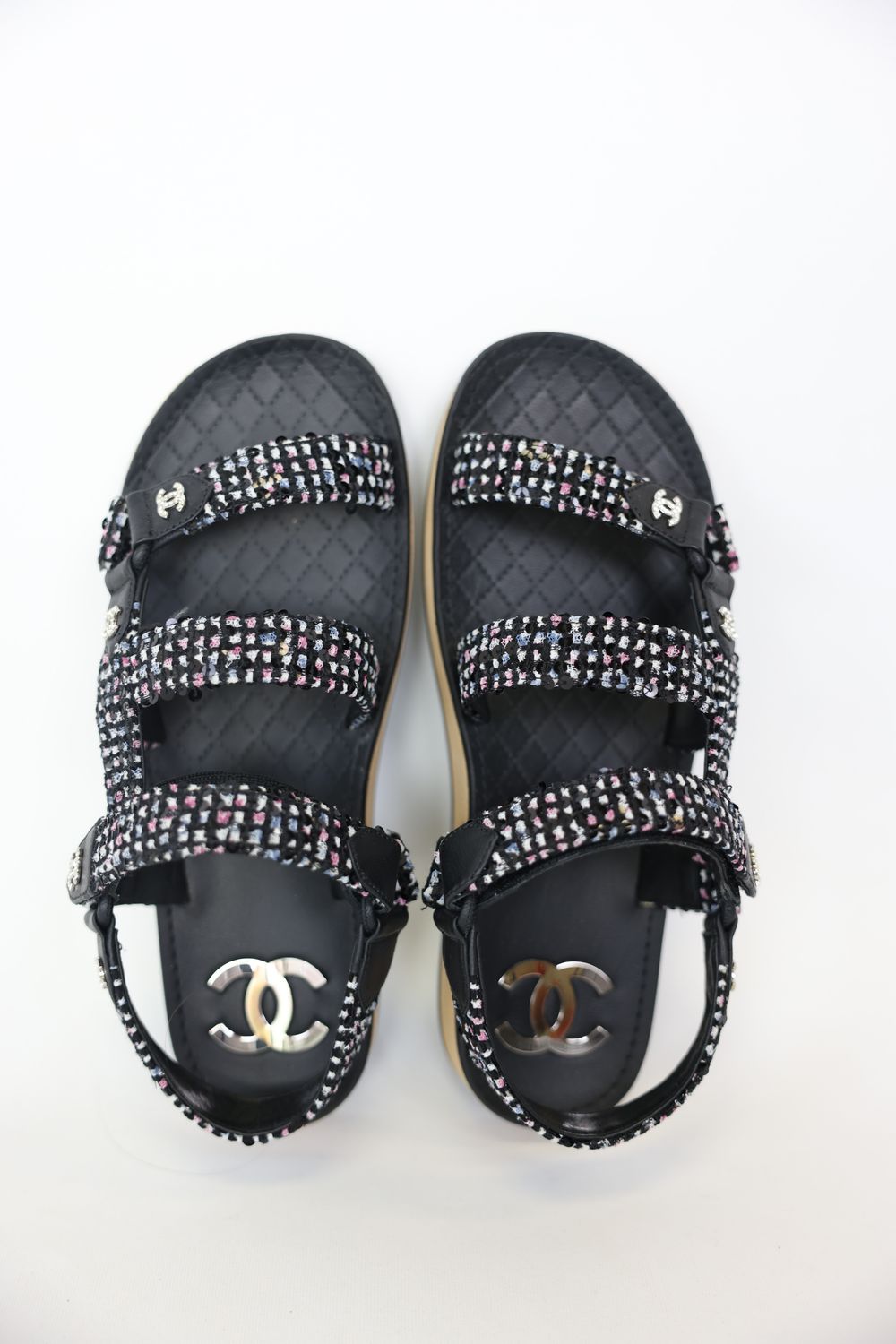 Chanel Shoes, Dad Sandals Size 37, Black Lambskin, Multicolored Tweed and Crystals on Silver CC Logo, New in Box WA001