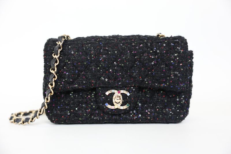 Chanel Flap Handbag, Black Tweed Mini, Multicolored Sequins and CC Strass Crystals with Gold Hardware, New in Box WA001