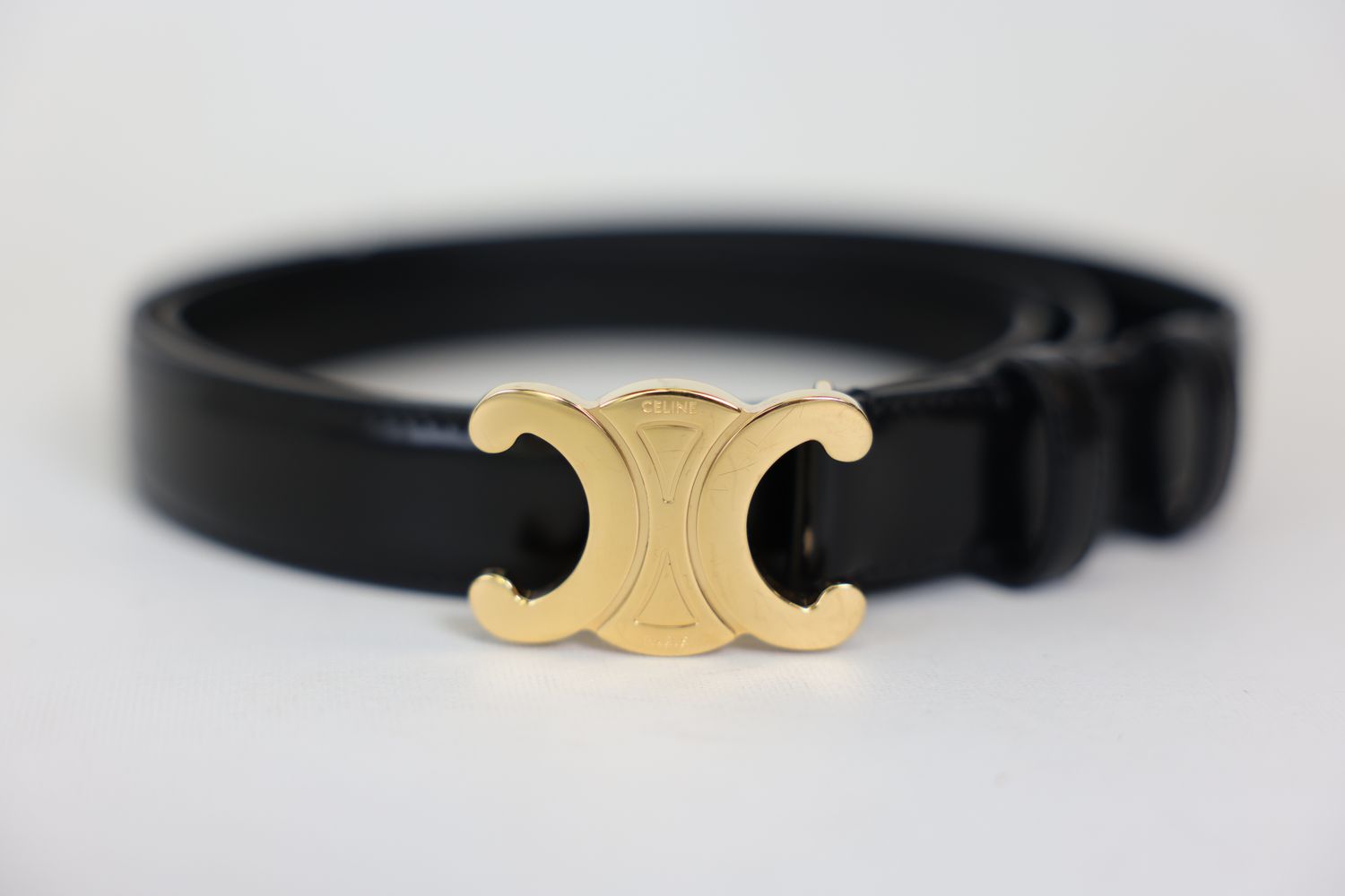 Celine Triomphe Belt Medium Size 90, Black Taurillon with Gold Hardware, Preowned in Box WA001