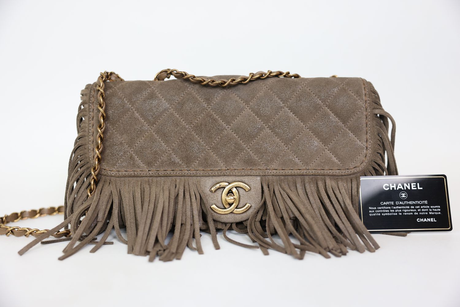 Chanel Paris Dallas Fringe Flap Bag Medium, Taupe Suede with Gold Hardware, Preowned in Dustbag WA001