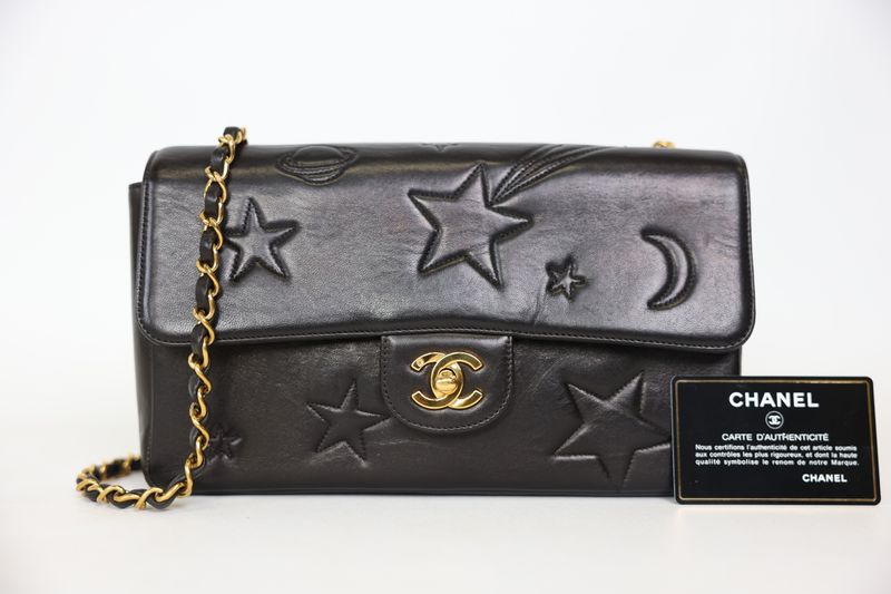 Chanel Vintage Classic Single Flap Handbag Medium, Black Astronomy Star Moon Lambskin with Gold Hardware, Preowned in Dustbag WA001