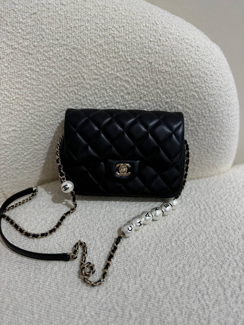 IGLIVE Chanel Logo Pearl Chain Flap Bag Black Lambskin Gold Hardware, Mint Condition (Ships from Asia) 20241026