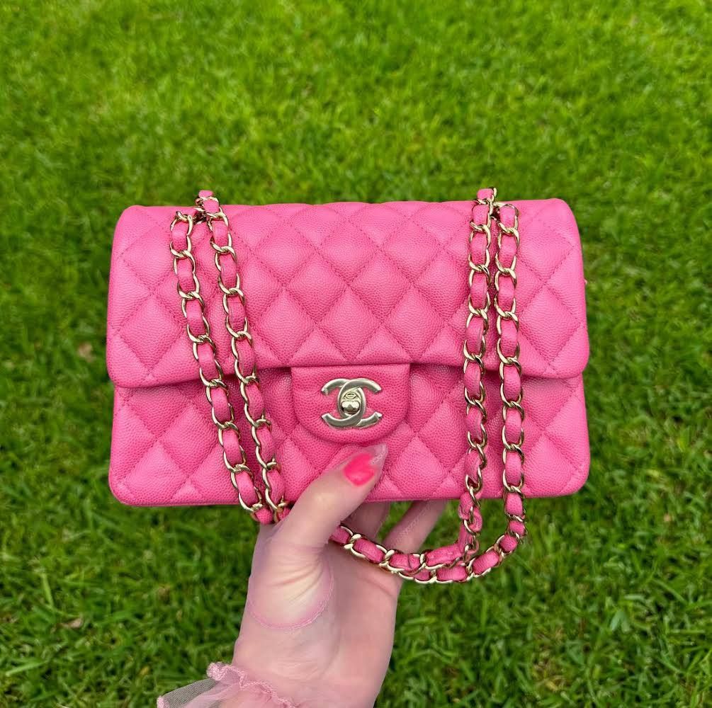 Preorder Chanel 20S Small Barbie Pink Caviar Flap With Gold Hardware, Excellent Condition In Dust Bag