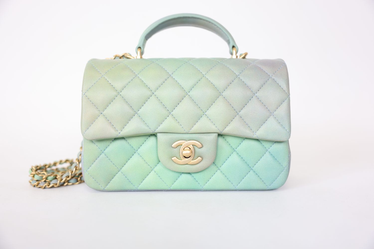 Chanel Bag with Top Handle Mini, 22P Green Ombre Lambskin with Gold Hardware, New in Box WA001