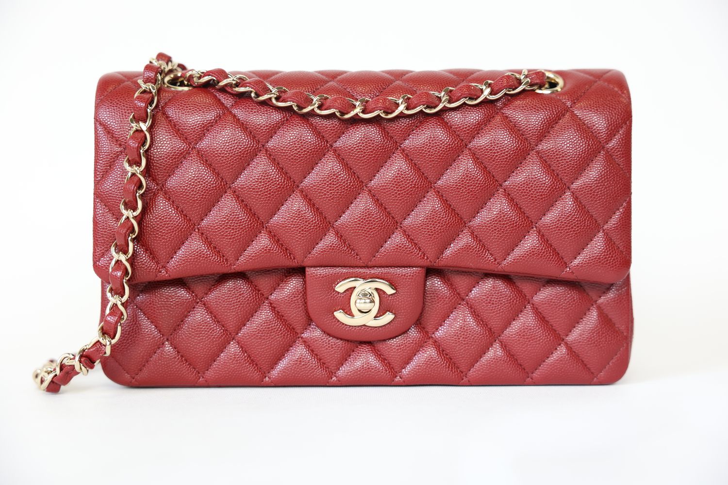 Chanel Classic Medium, Red Caviar with Light Gold Hardware, Preowned in Box WA001