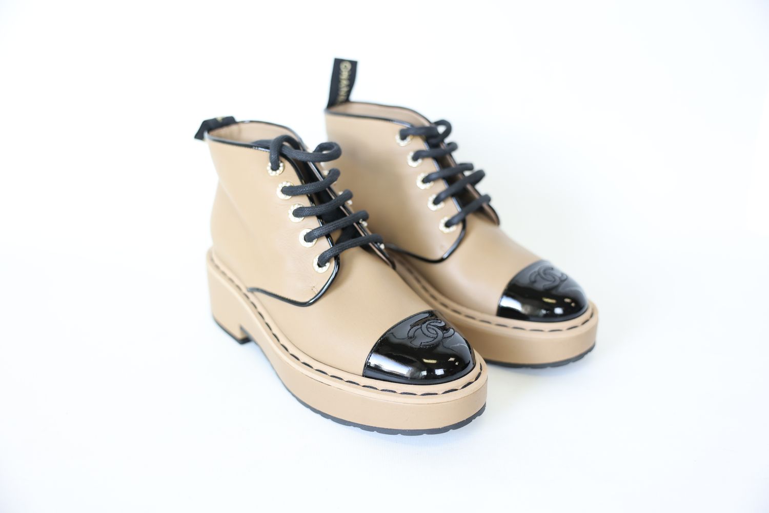 Chanel Shoes, Combat Cap Toe Low Boots Size 38.5, Beige Calfskin, Black Patent and Faux Pearls with Gold Hardware, New in Dustbag WA001