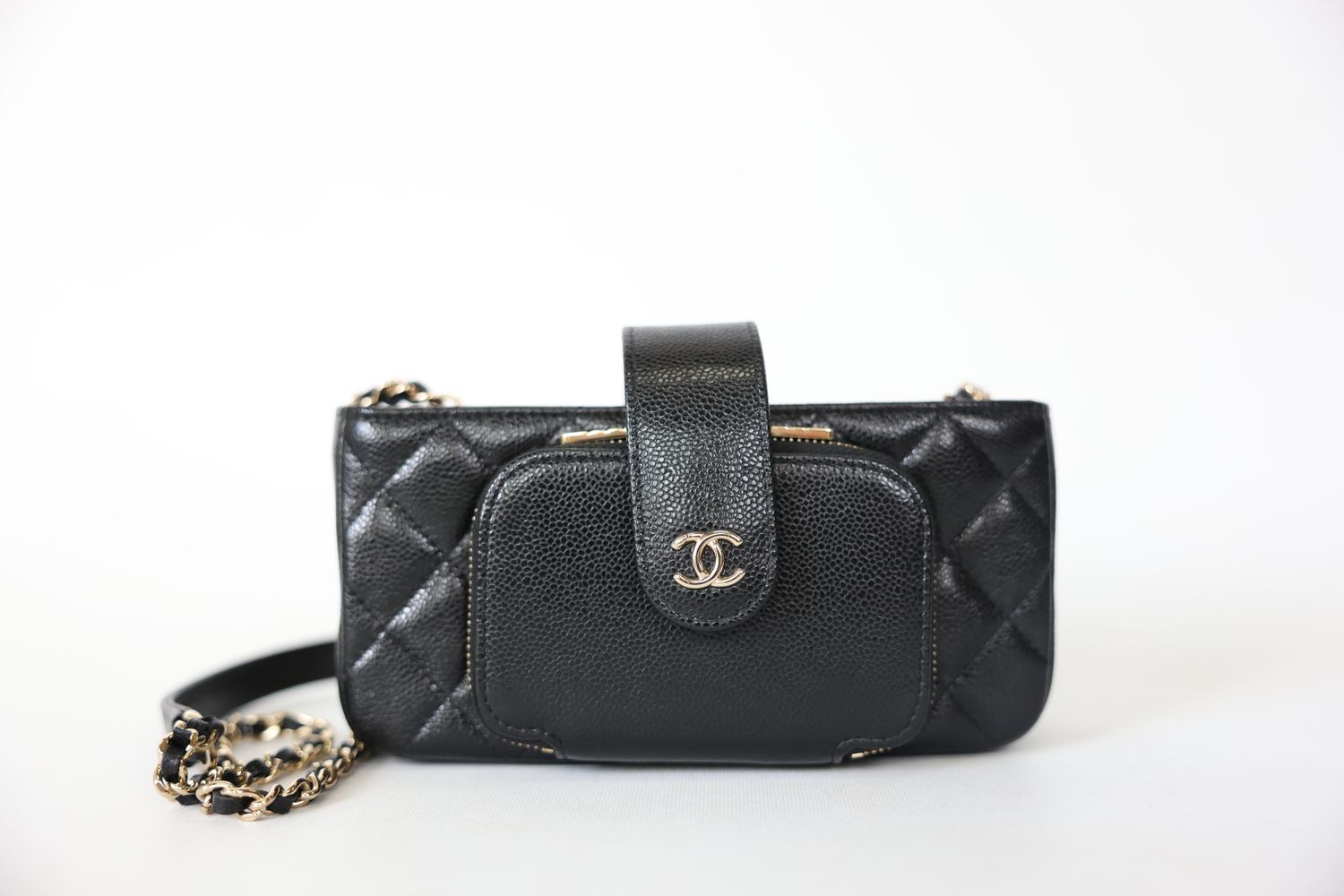 Chanel Business Affinity Phone Holder with Chain, 22B Black Caviar with Gold Hardware, Preowned in Box WA001