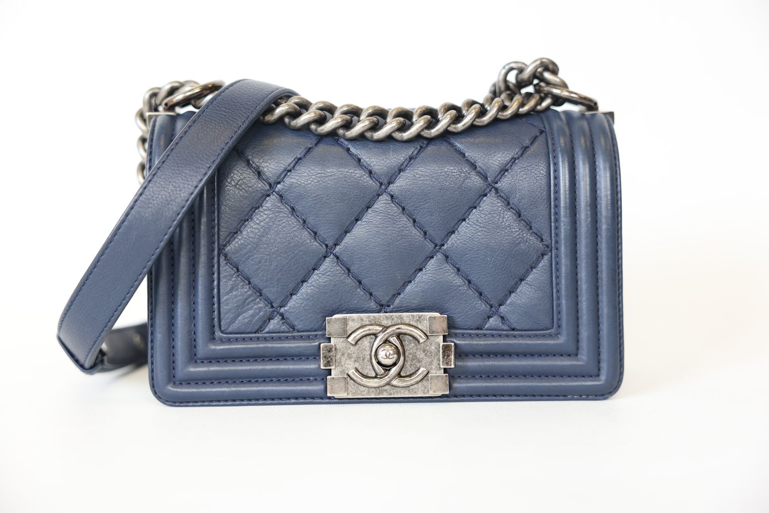 Chanel Boy Bag Small, Blue Calfskin with Ruthenium Hardware, Preowned No Dustbag WA001