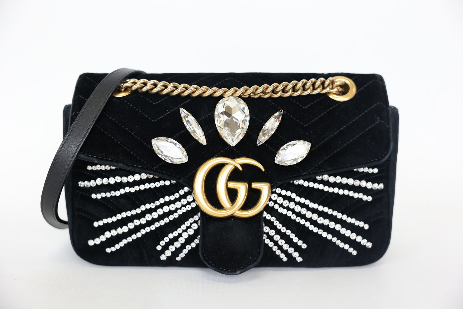 Gucci GG Marmont Shoulder Bag Small, Black Velvet and Crystals with Gold Hardware, Preowned No Dustbag WA001