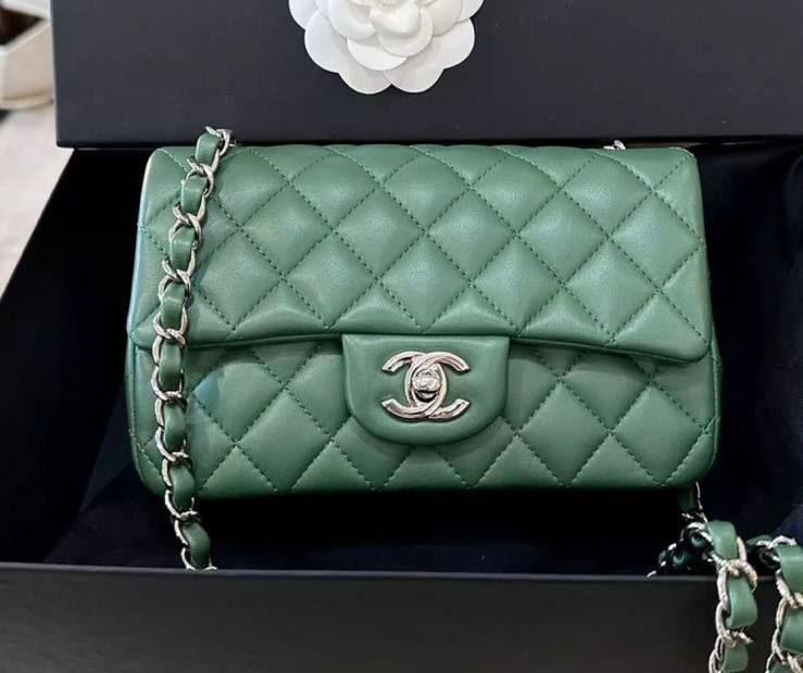 Preorder, Chanel Mini Green Rectangle Classic Flap Bag With Silver Hardware, Excellent Condition In Box