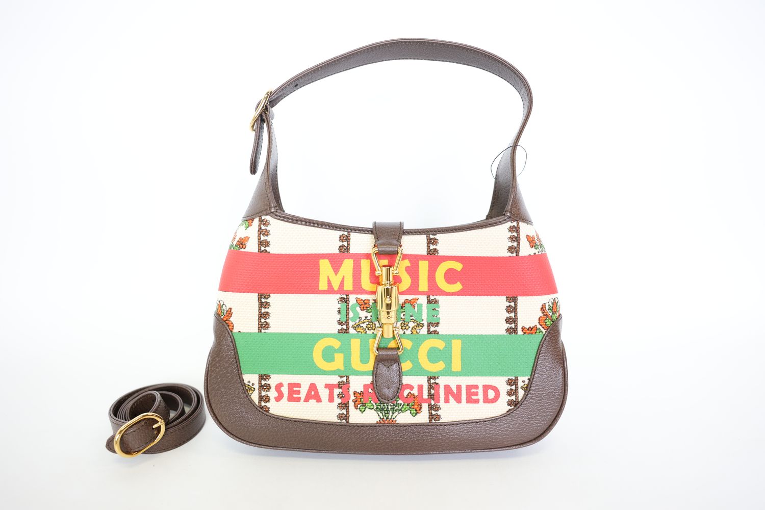 Gucci Music is Mine Jackie Hobo Bag Small, Multicolored Canvas and Brown Calfskin with Gold Hardware, Preowned in Dustbag WA001