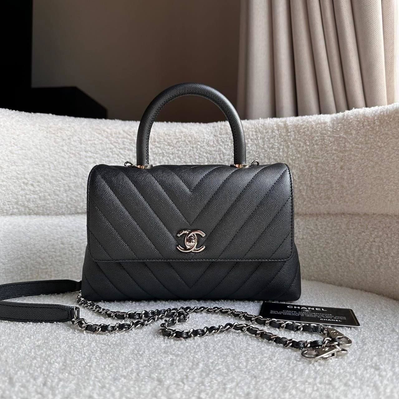 Preorder, Chanel 19K Black Small Coco Top Handle With Silver Hardware, Excellent Condition In Box