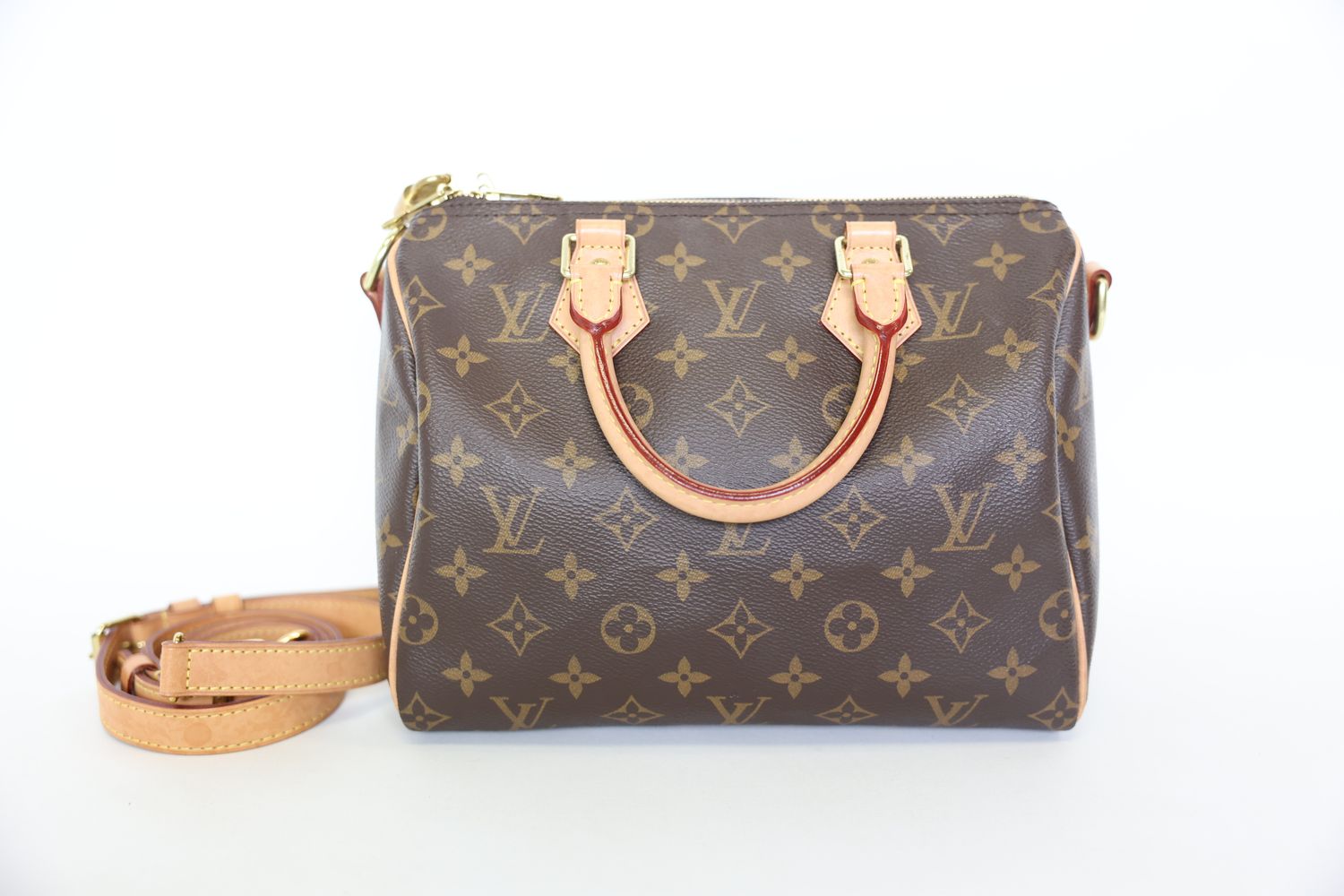 Louis Vuitton Speedy Bandouliere 25, Brown Monogram Coated Canvas, Beige Natural Cowhide-Leather Trim with Gold Hardware, Preowned No Dustbag WA001