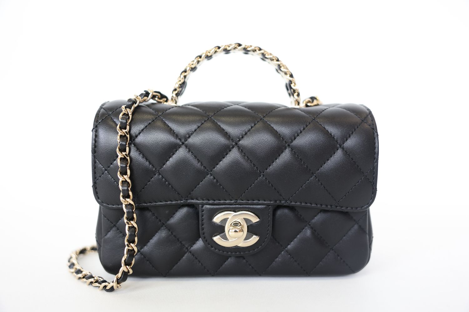 Chanel Bag with Top Handle Rectangular Mini, 23A Black Lambskin and Crystals with Gold Hardware, Preowned in Box WA001