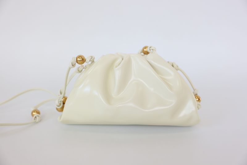 Bottega Veneta The Pouch 20 with Round Gold Beads Mini, White Patent Calfskin with Gold Hardware, Preowned in Dustbag WA001