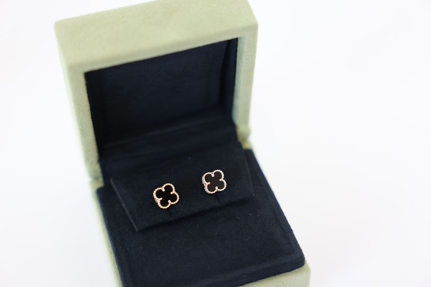 Van Cleef and Arpels Sweet Alhambra Earstuds, 18K Yellow Gold and Black Onyx, Preowned in Box WA001