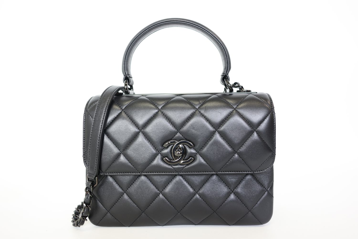 Chanel Trendy CC Top Handle Bag Small, Black Lambskin with Black Hardware, Preowned in Box WA001