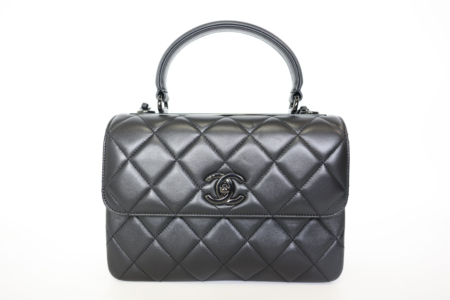 Chanel Trendy CC Top Handle Bag Small Black Lambskin with Black Hardware Preowned in Box WA001