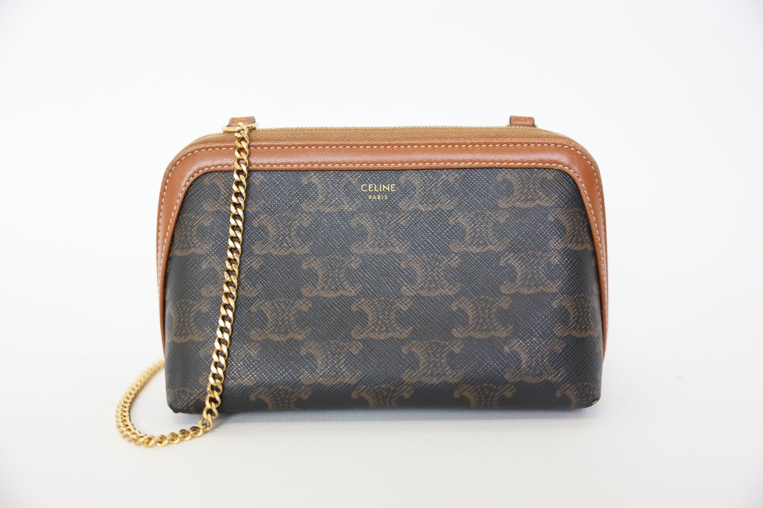 Celine Clutch with Chain, Triomphe Canvas and Tan Lambskin Trimming with Gold Hardware, Preowned in Dustbag WA001