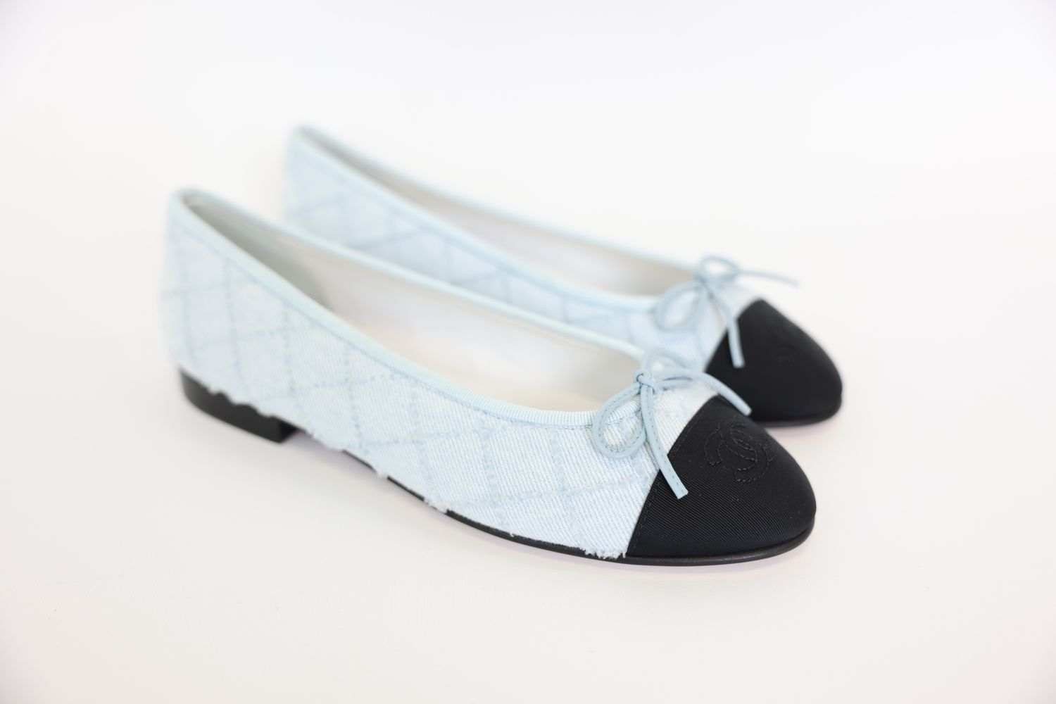 Chanel Ballerina Shoes Size 36.5, 23P Light Blue Denim and Black Grosgrain, New in Box WA001