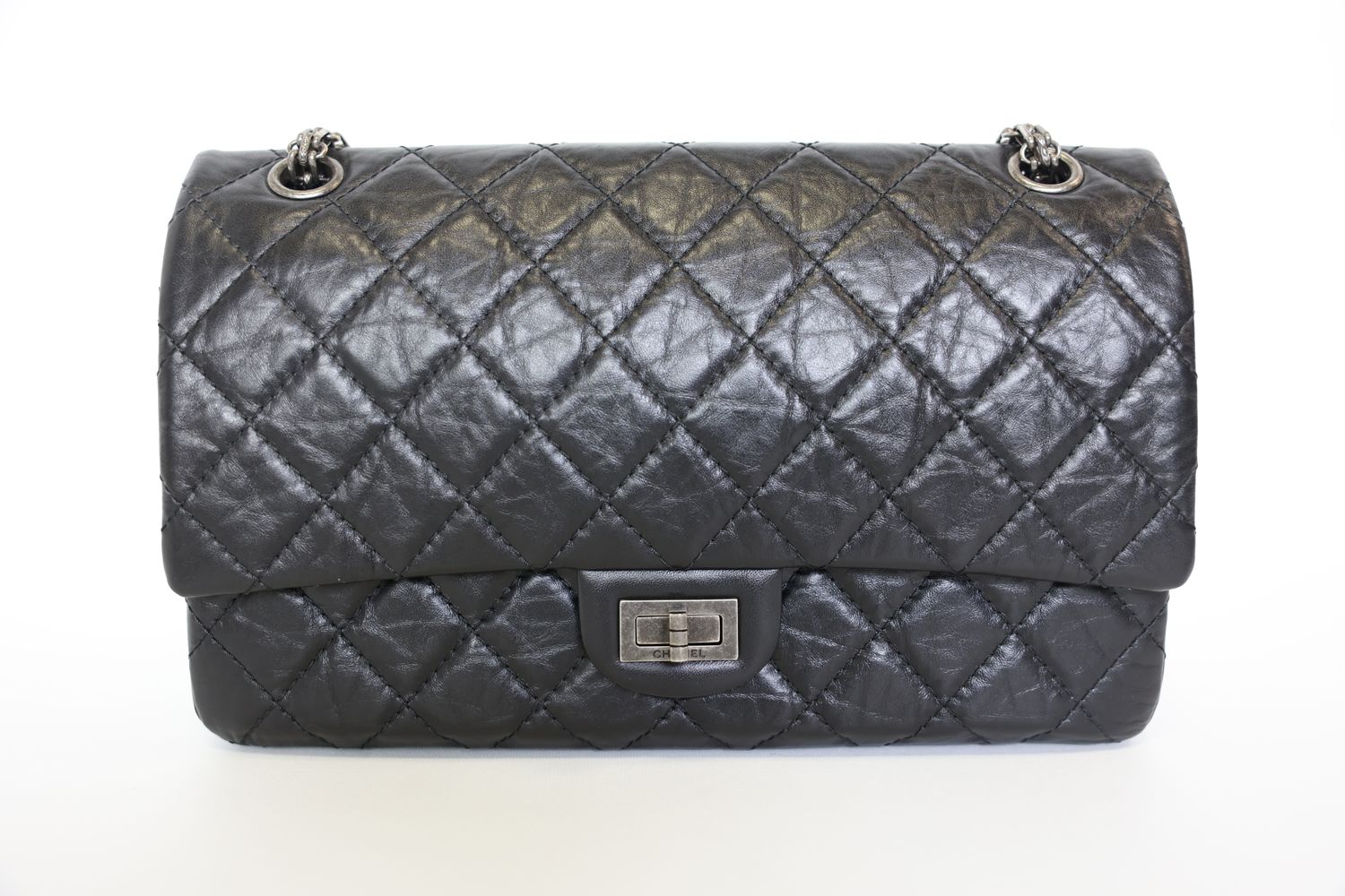 Chanel Reissue 2.55 Handbag 226 Black Aged Calfskin with Ruthenium Hardware Preowned in Box WA001